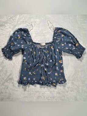 SO Goods For Life Juniors XS Floral Puff Sleeve Peasant Crop Top Cottagecore